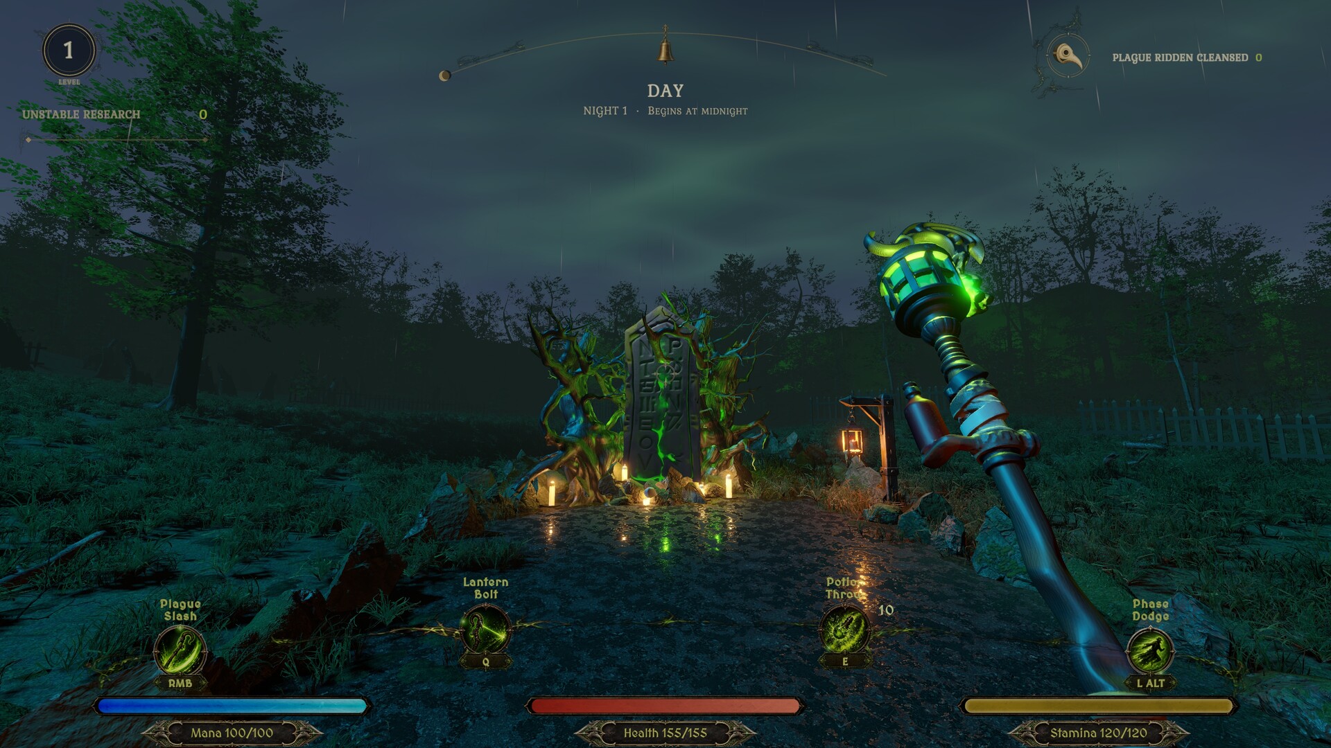A plague doctor’s green lantern staff overlooks the candlelit runestone at Black Hollow’s farmstead.