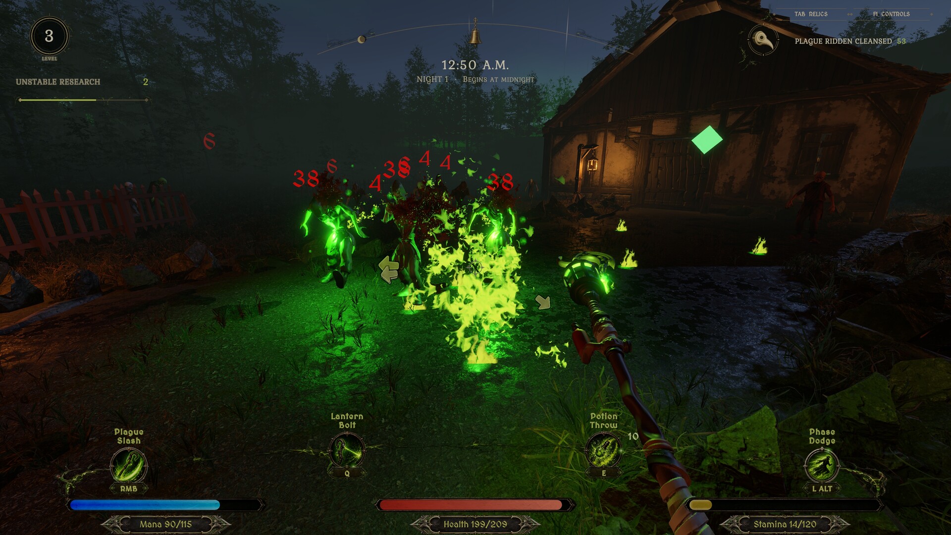 Green plague attacks strike a group of infected beside a timber farmhouse.